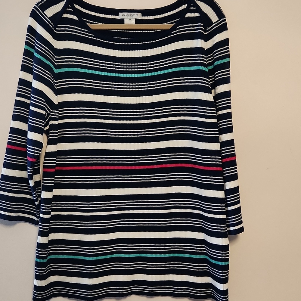 NWOT  Liz Claiborne Woman Multicolor Striped Cotton 3/4 Sleeves Sweater Sz 3X